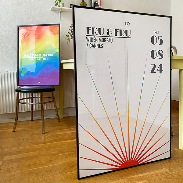 Two dateposters with pridetheme in a kitchen.