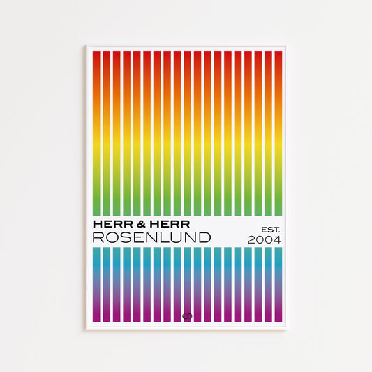 Name- and dateposter with rainbow coloured stripes.